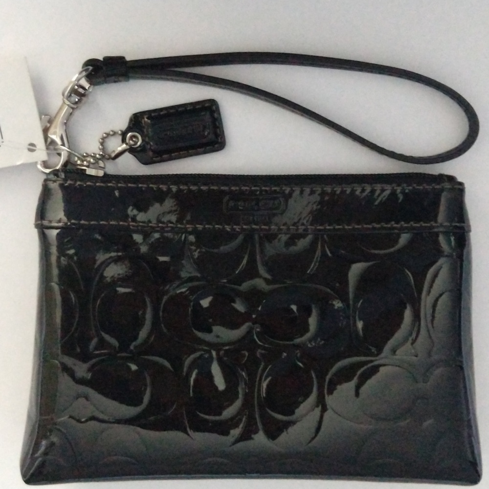 Coach patent leather black embossed wristlet NWT
